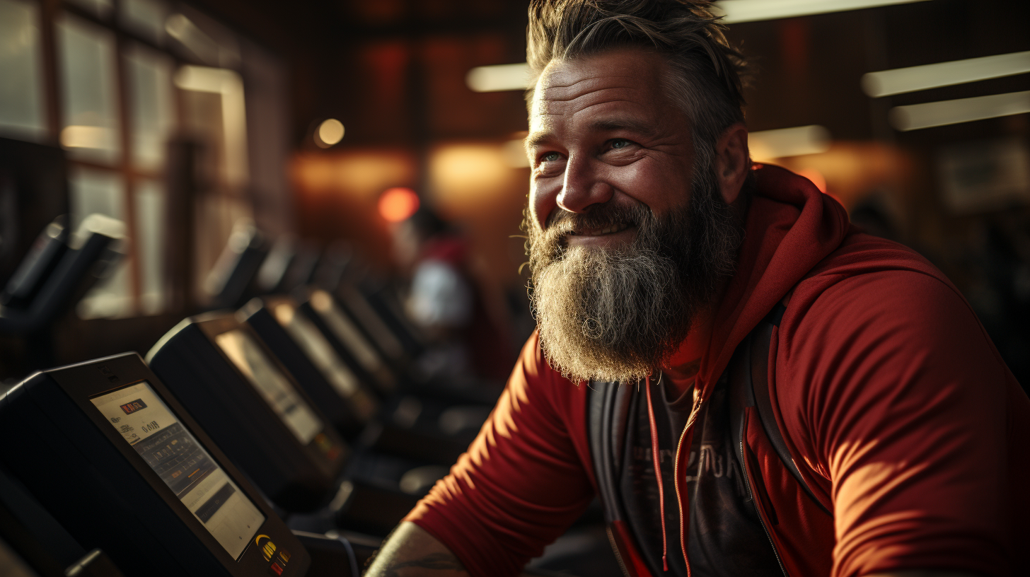Smiling bearded man in a red hoodie using a treadmill in a gym with a warm ambiance.
