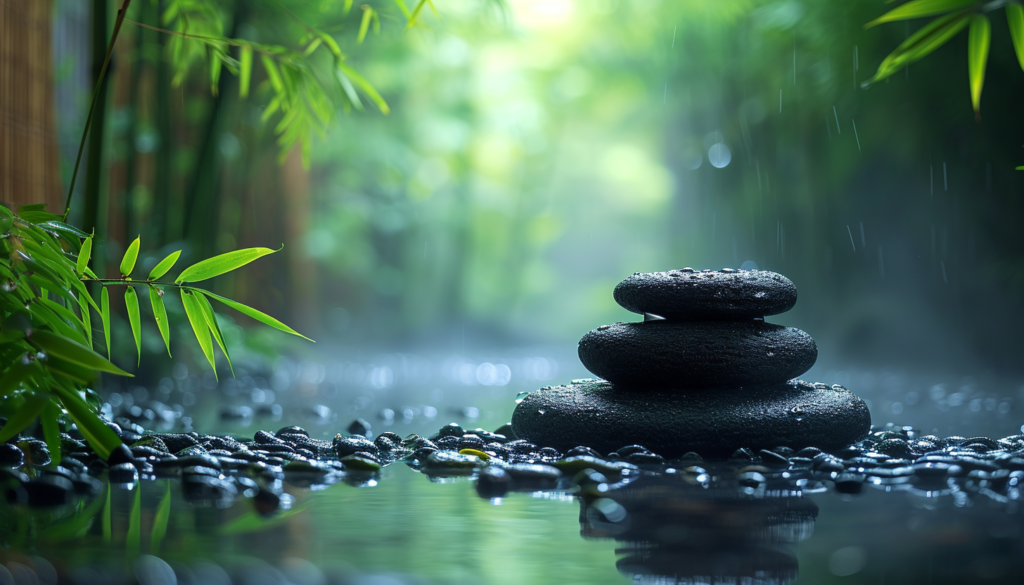 A serene setting with three dark-colored stones stacked atop each other in the foreground, surrounded by lush green bamboo leaves, with a backdrop of a tranquil bamboo forest in the misty rain.