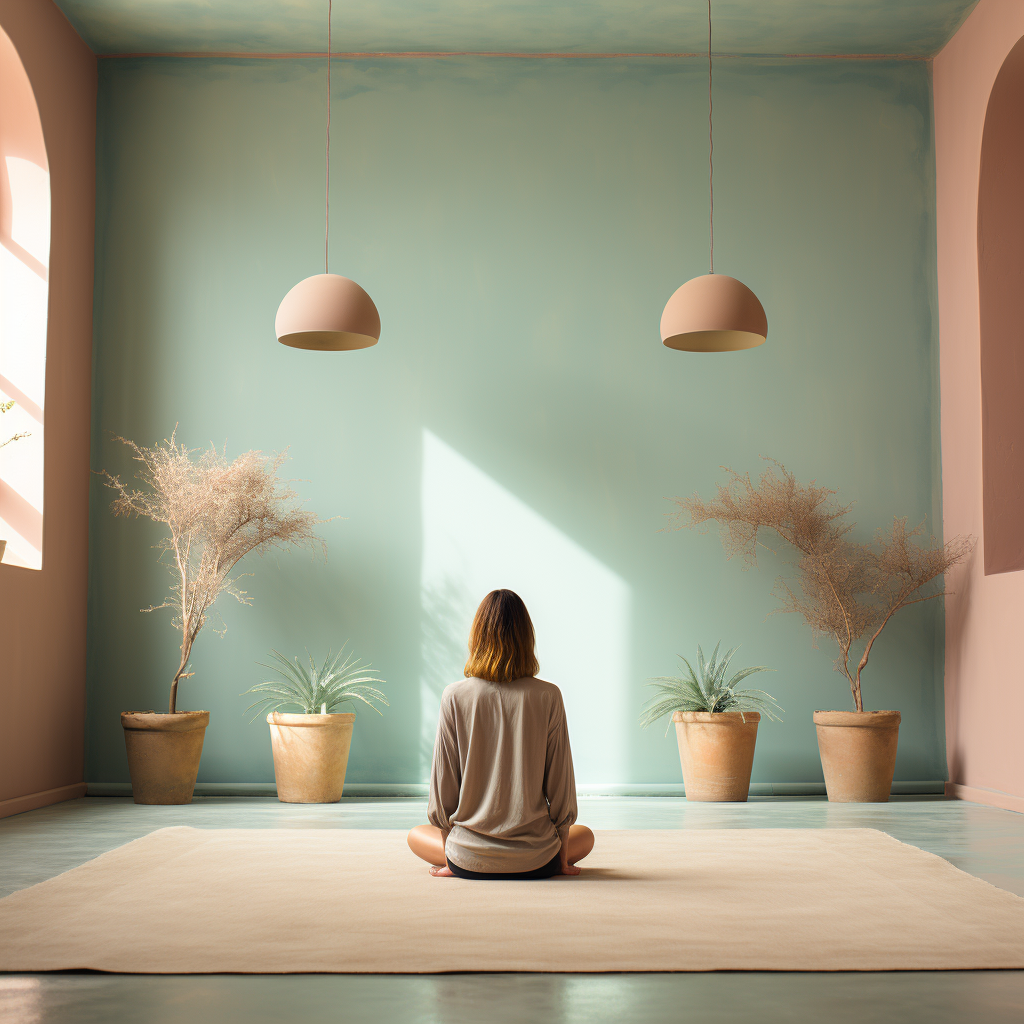 A woman in a peaceful meditation pose on a yoga mat in a serene room with pastel walls, natural light, and potted plants.