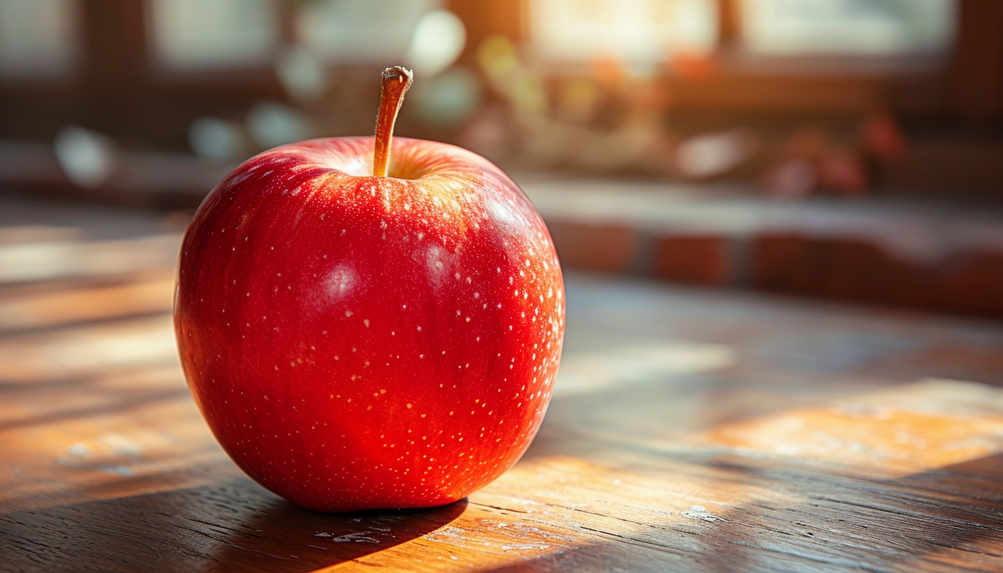 A bright red shiny apple with water droplets, centered on a wooden table with sunlight casting warm highlights and deep shadows.