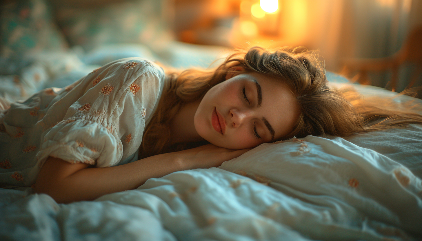 A young woman peacefully sleeping, her face relaxed and a gentle smile on her lips, in a cozy, softly lit bedroom.