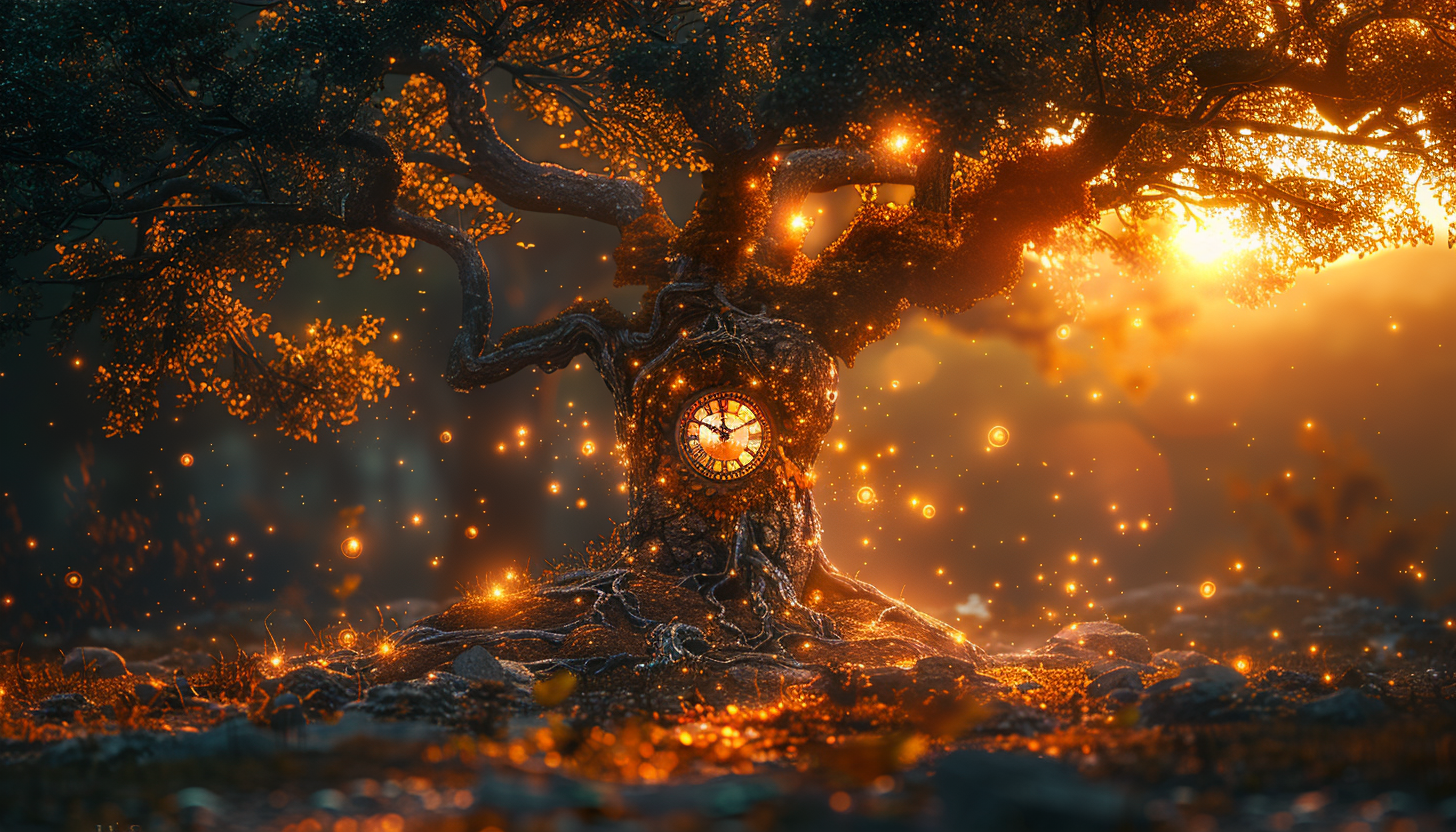 A mystical oak tree with a glowing clock face embedded in its trunk, surrounded by sparkling lights in an enchanted forest at sunset.