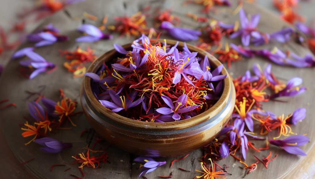 A wooden bowl full of vivid red saffron threads nestled among purple saffron crocus flowers on a rustic surface.