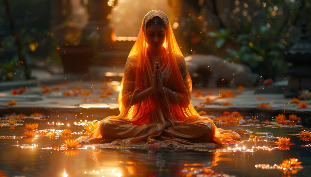 A woman in traditional orange attire sits in meditation, performing the Gyan Mudra, on a reflective water surface surrounded by marigold flowers.